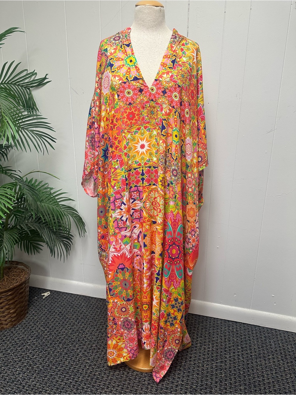 Johnny Was Bright Pink & Orange Boho Maxi Dress with V-Neck